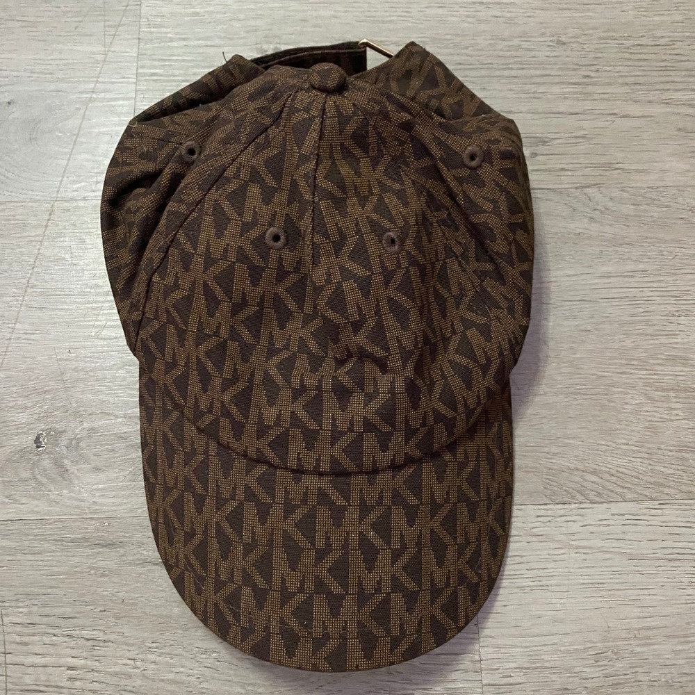 Michael Kors Logo Monogram Baseball Cap Hat Brown Gold Buckle